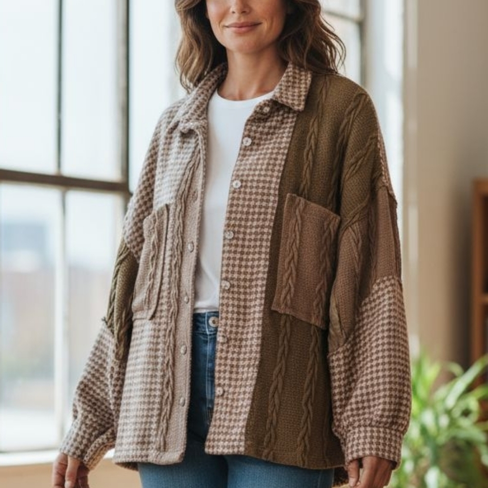 Pol Cozy Patchwork Houndstooth & Cable Knit Shack… - image 2